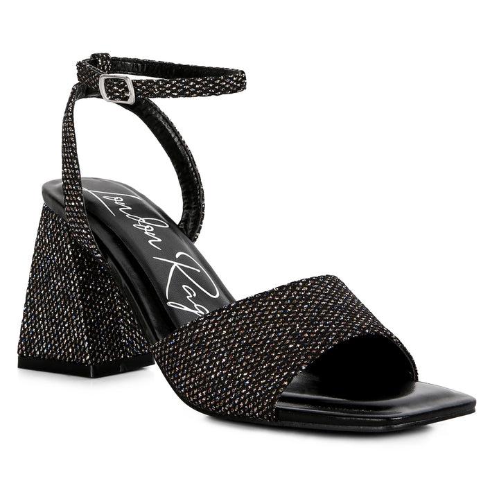 Black Lino Sparkle Block Heeled Sandals