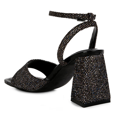 Black Lino Sparkle Block Heeled Sandals