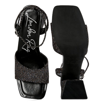 Black Lino Sparkle Block Heeled Sandals