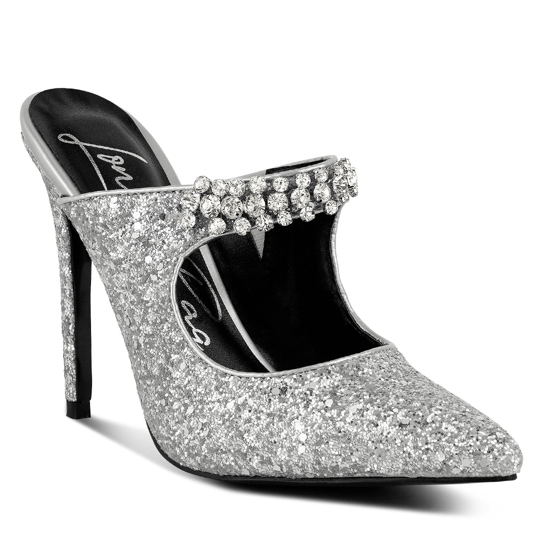 glitter diamante high heeled sandals#color_silver