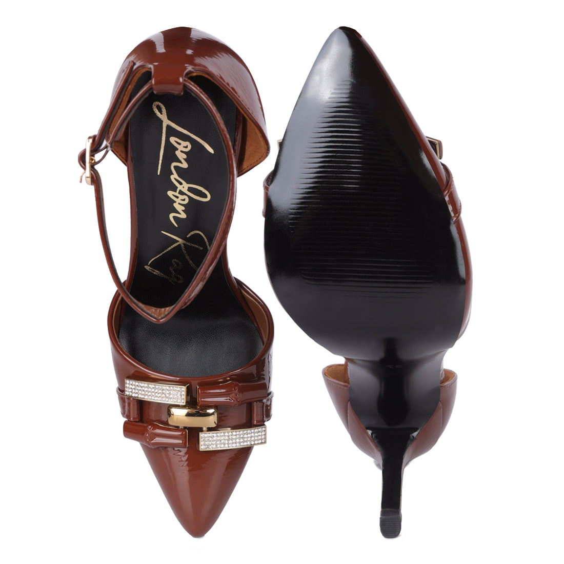 mocktail diamante buckle patent stiletto sandals#color_tan