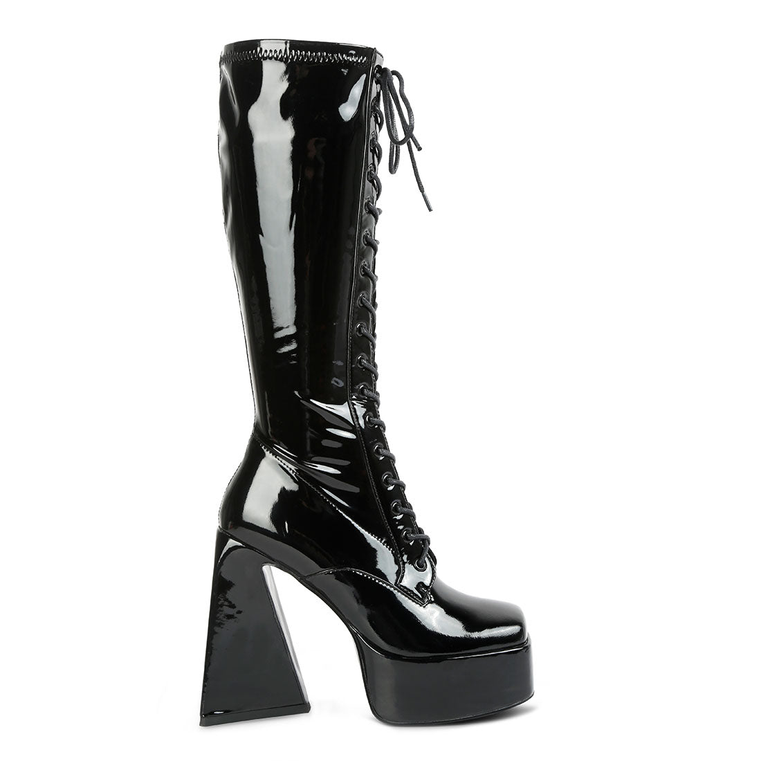 patent pu high platform calf boots#color_black