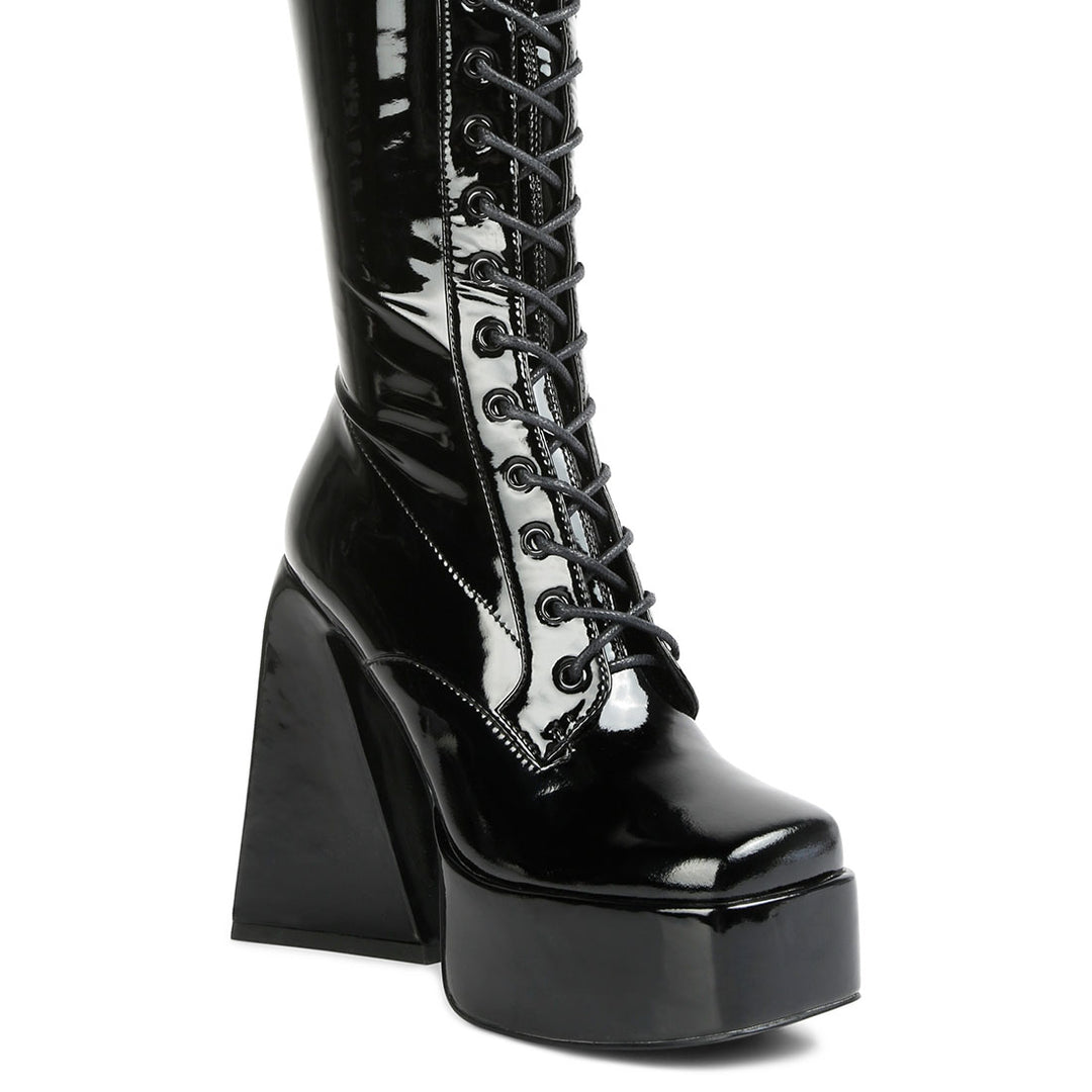 patent pu high platform calf boots#color_black