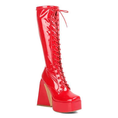patent pu high platform calf boots#color_red