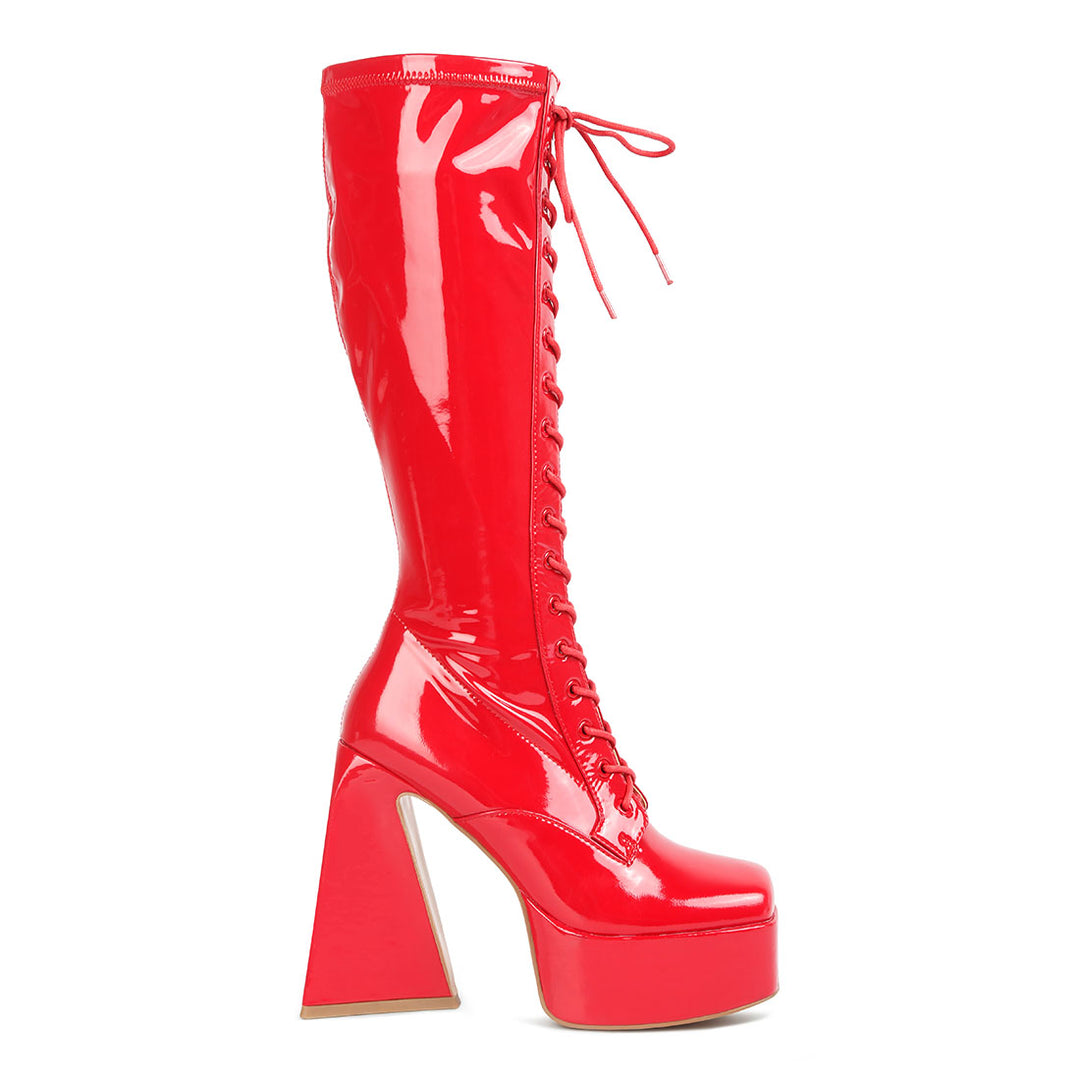 patent pu high platform calf boots#color_red