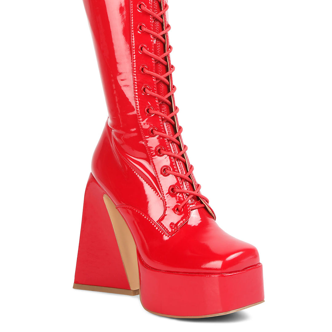 patent pu high platform calf boots#color_red