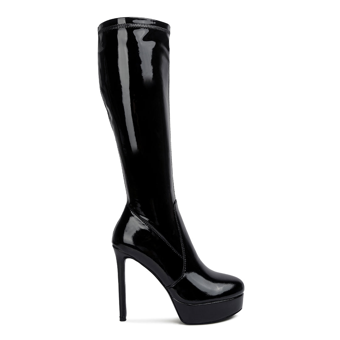high heeled stretch patent calf boots#color_black