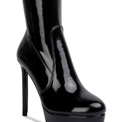 high heeled stretch patent calf boots#color_black