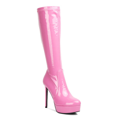 high heeled stretch patent calf boots#color_pink