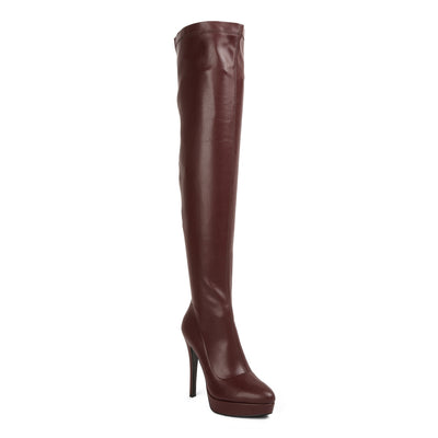 stretch high heeled long boots#color_burgundy