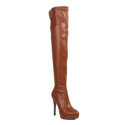stretch high heeled long boots#color_tan