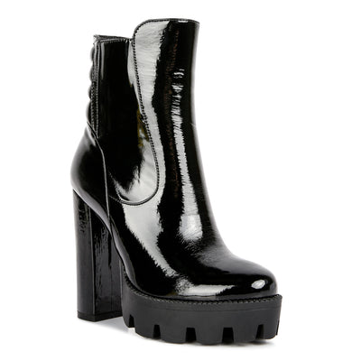 collared patent high heeled ankle boot#color_black