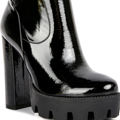 collared patent high heeled ankle boot#color_black