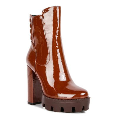 collared patent high heeled ankle boot#color_tan