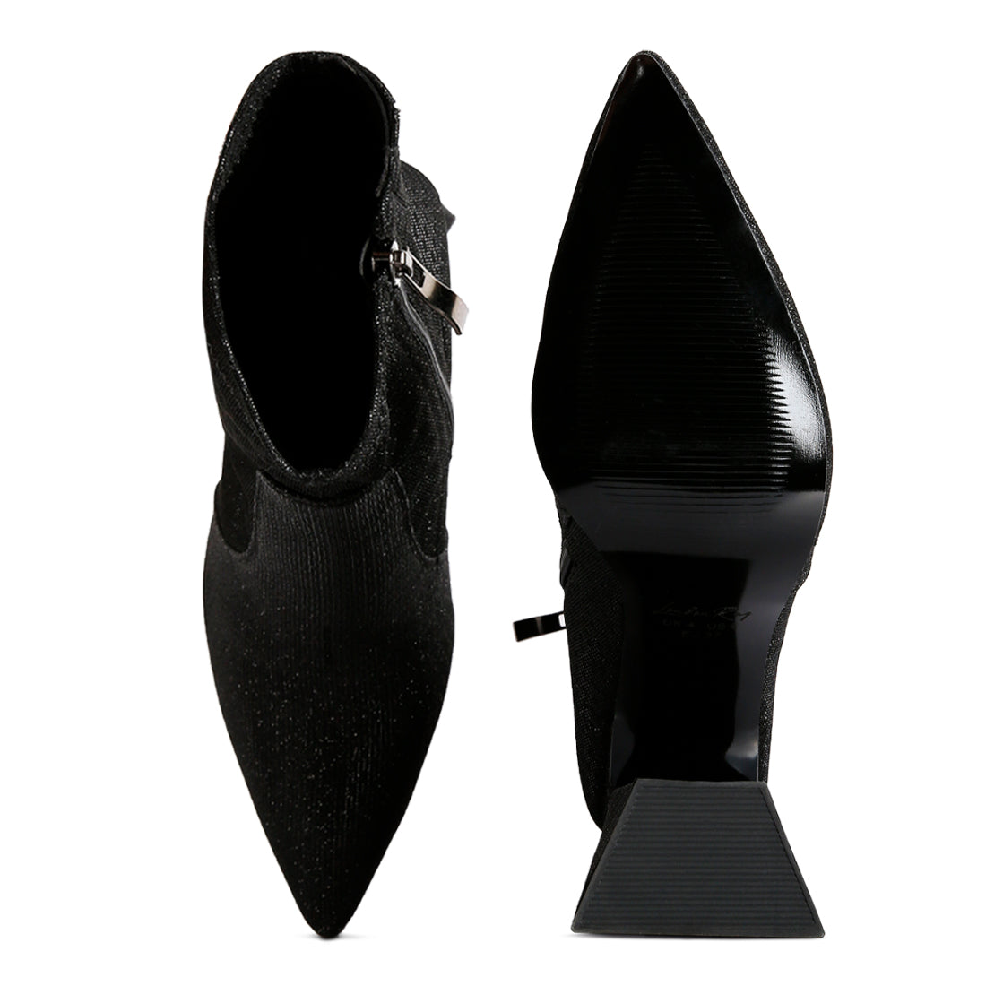 hustlers shimmer block heeled ankle boots#color_black