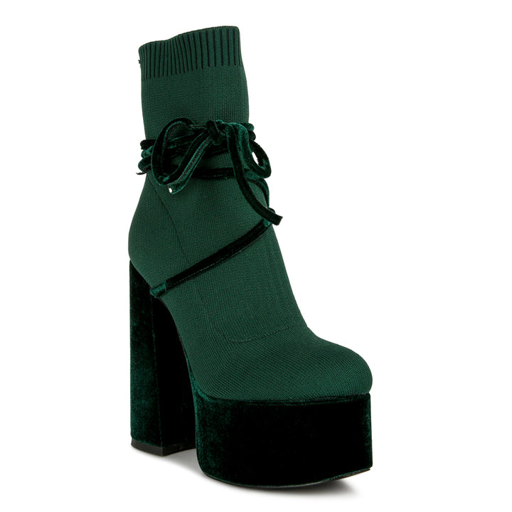 women high heeled velvet knitted boot#color_olive-green