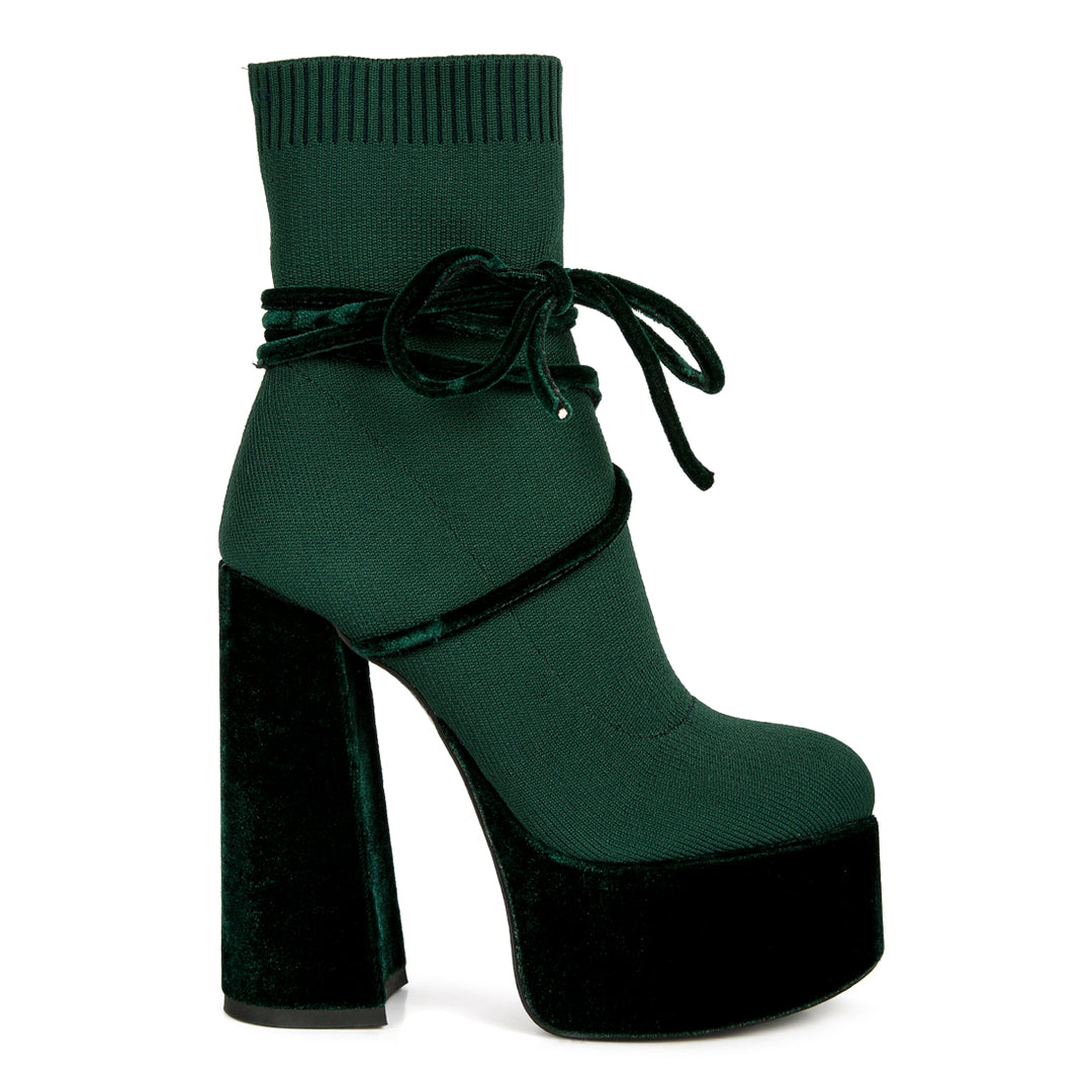 women high heeled velvet knitted boot#color_olive-green