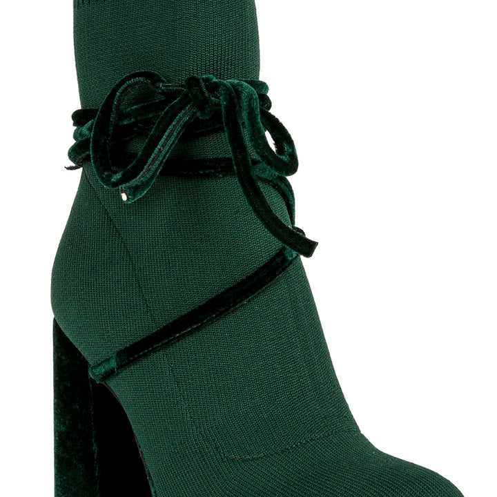 women high heeled velvet knitted boot#color_olive-green