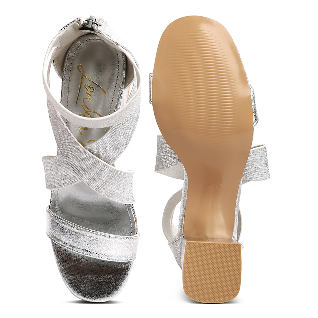 elasticated strappy block heel sandals#color_silver