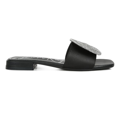 Rhinestone embellished brooch slip on sandals#color_black