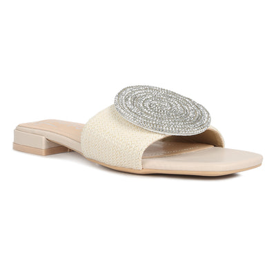 Rhinestone embellished brooch slip on sandals#color_off-white