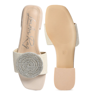 Rhinestone embellished brooch slip on sandals#color_off-white