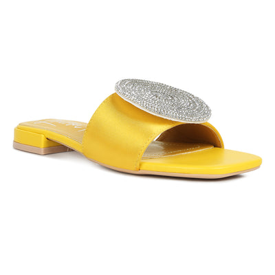 Rhinestone embellished brooch slip on sandals#color_yellow