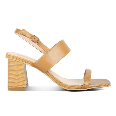 elasticated gussets block heel sandals#color_tan
