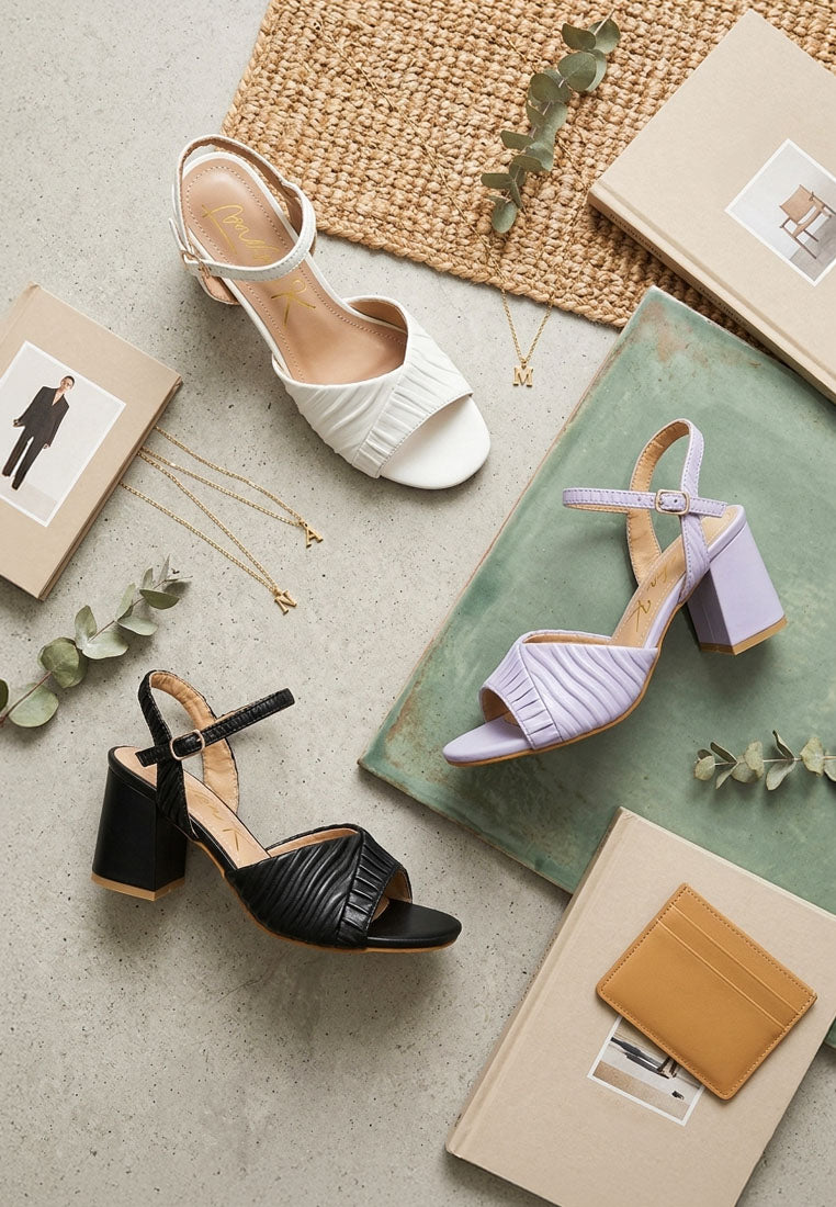 women pleated strap block heel sandals#color_black