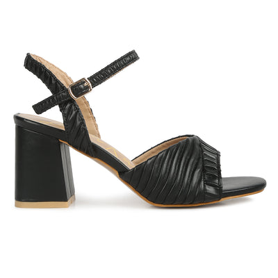 pleated strap block heel sandals#color_black