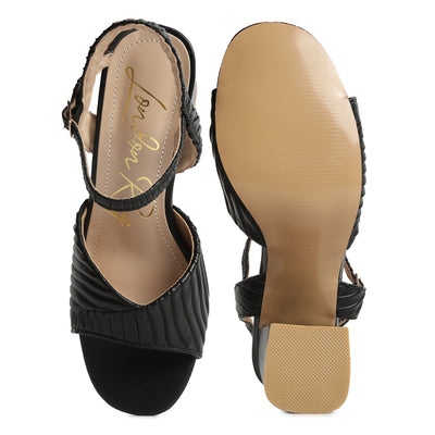 pleated strap block heel sandals#color_black