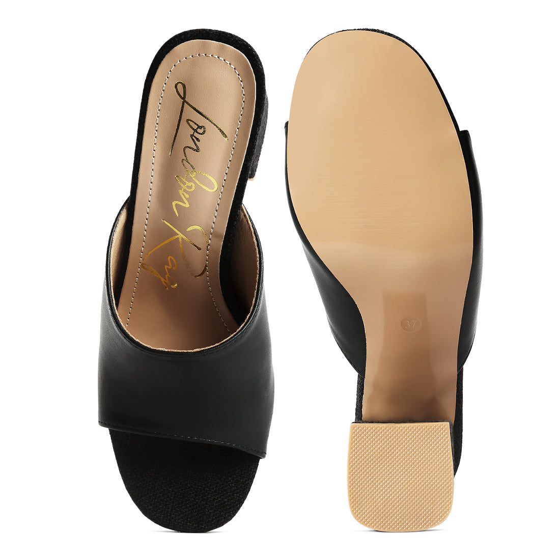 pu block heel slip on sandals#color_black