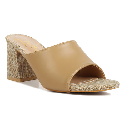 pu block heel slip on sandals#color_tan