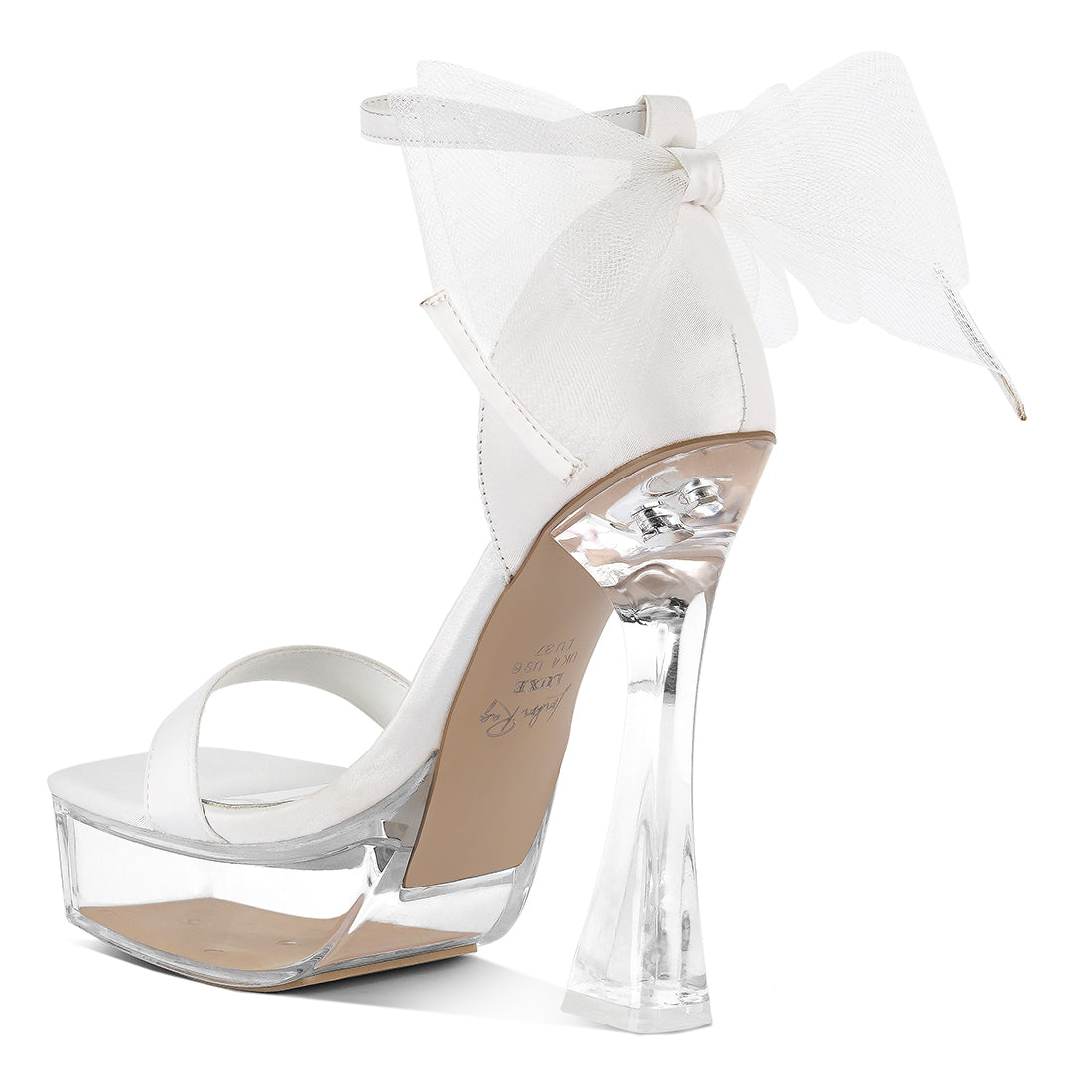 satin clear high heeled bow sandals#color_white