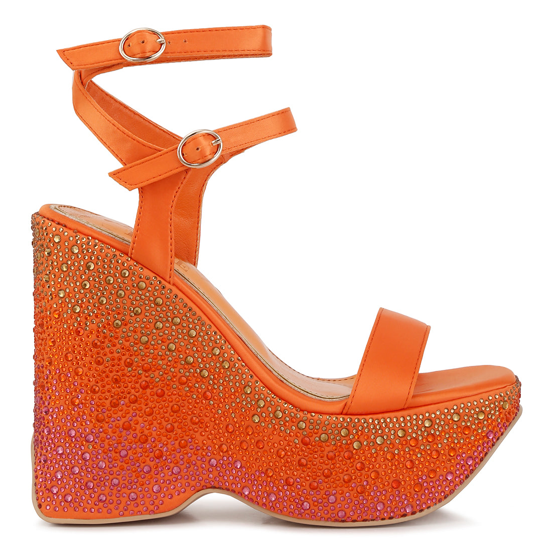 rhinestones embellished ultra high wedge sandals#color_orange