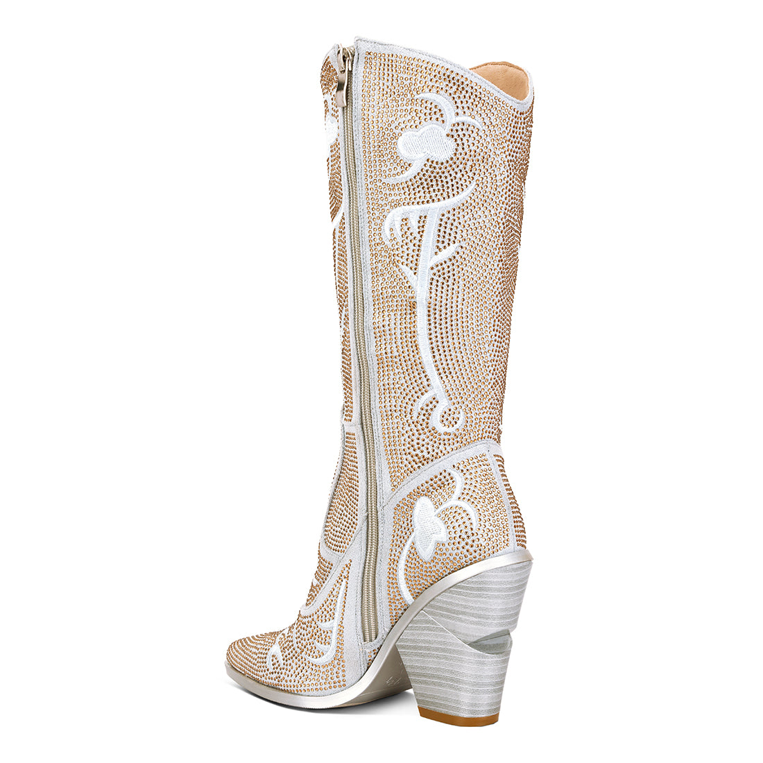 rhinestones embellished shimmer calf boots#color_silver