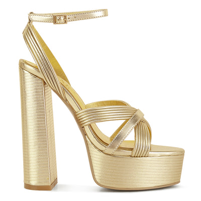 patent pu cross strap high heeled sandals#color_gold