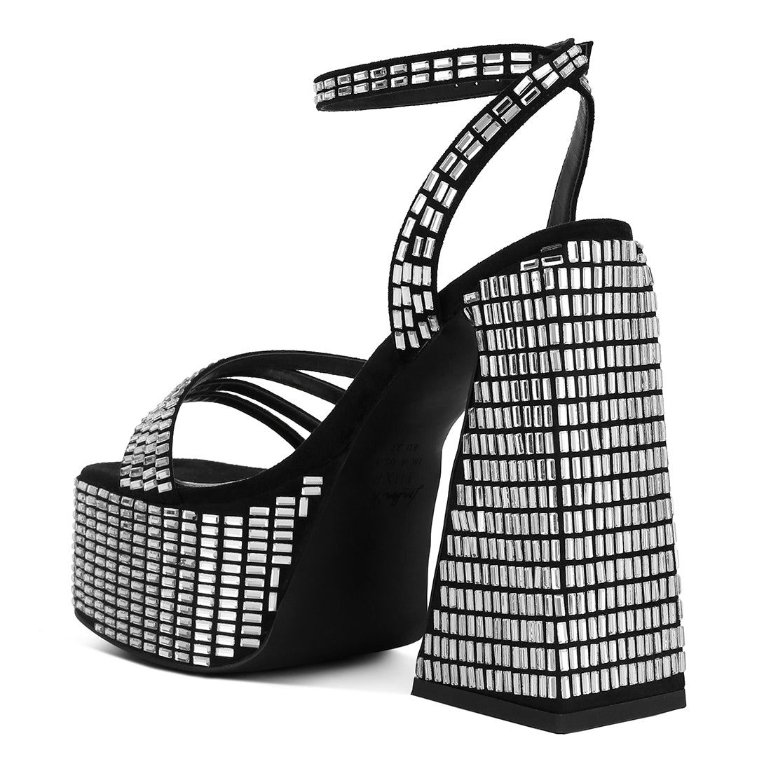 mirror embellished flare block heel sandals#color_black