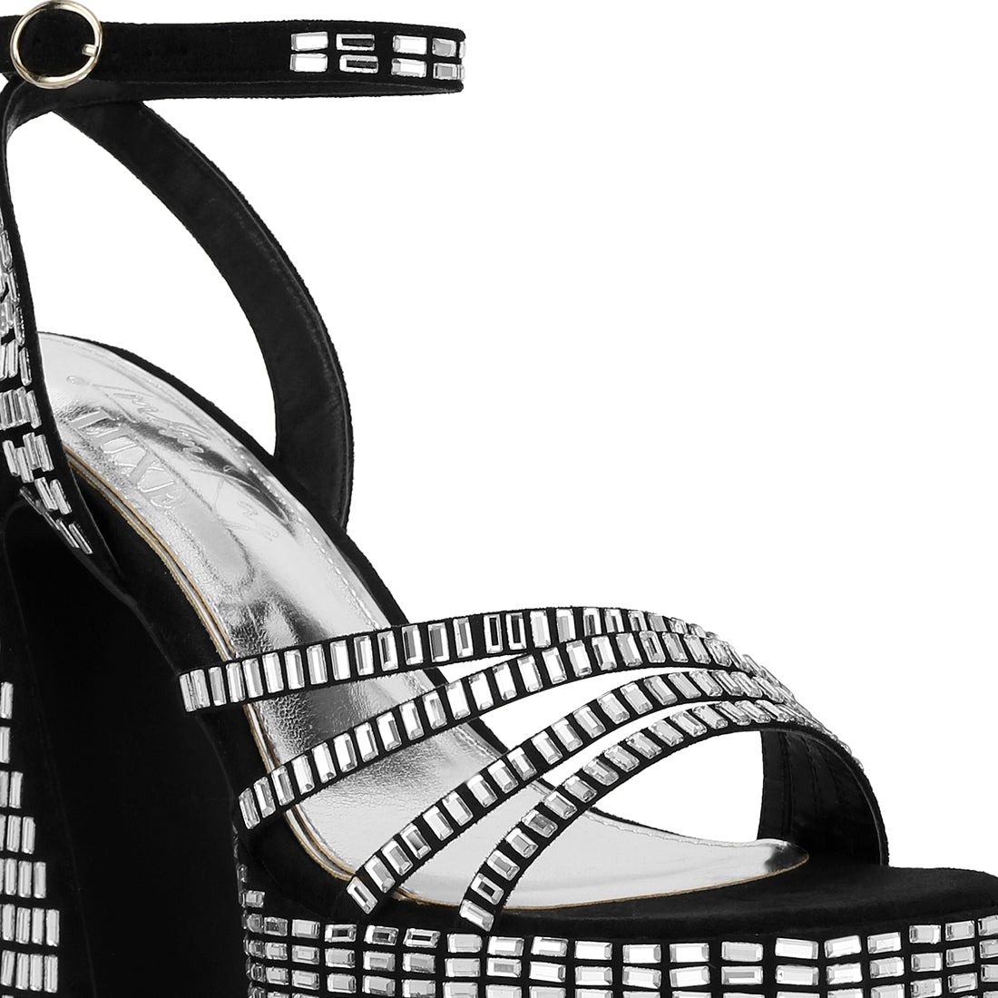 mirror embellished flare block heel sandals#color_black