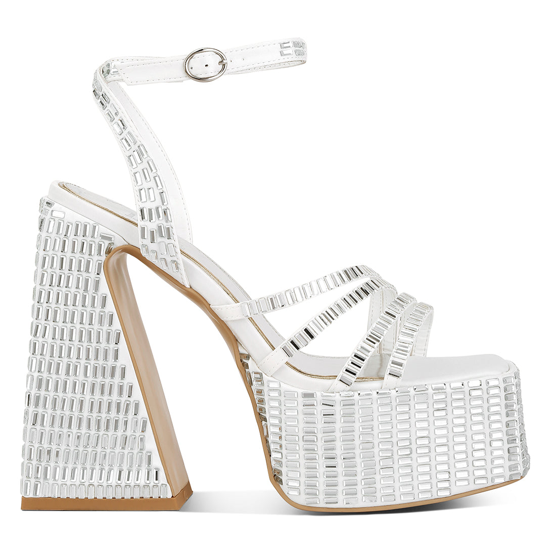 mirror embellished flare block heel sandals#color_white