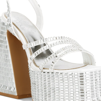 mirror embellished flare block heel sandals#color_white