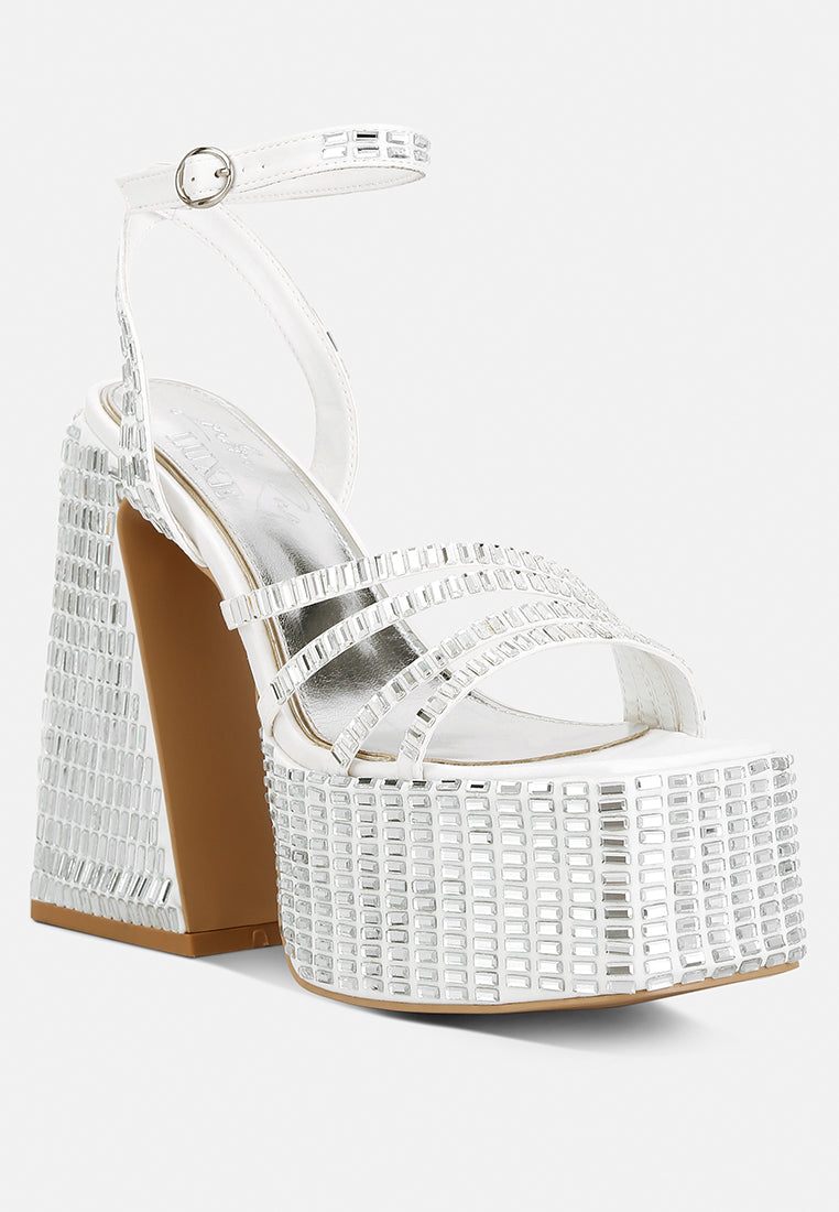 mirror embellished flare block heel sandals#color_white