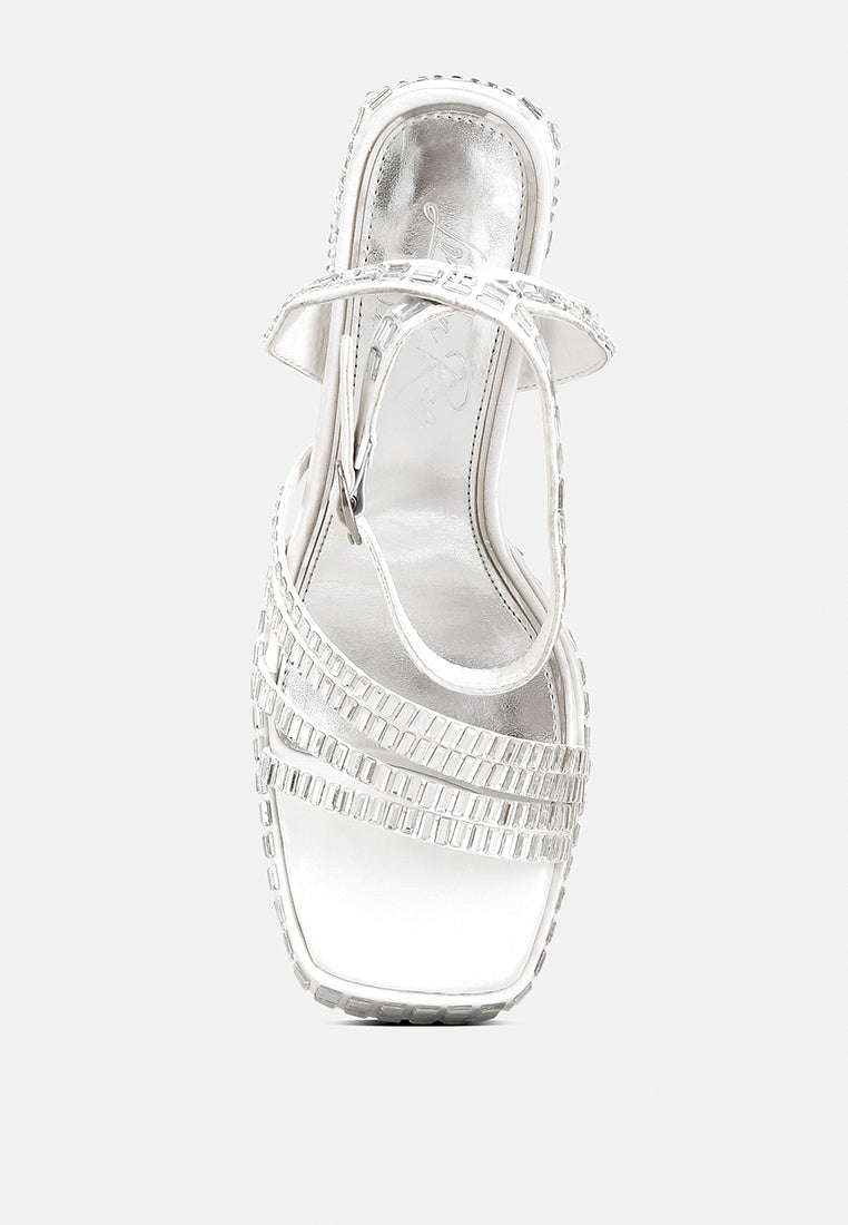 mirror embellished flare block heel sandals#color_white