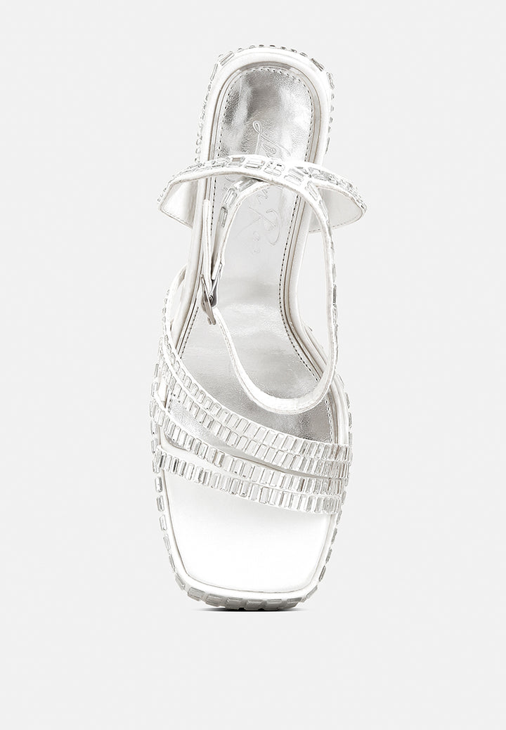 mirror embellished flare block heel sandals#color_white