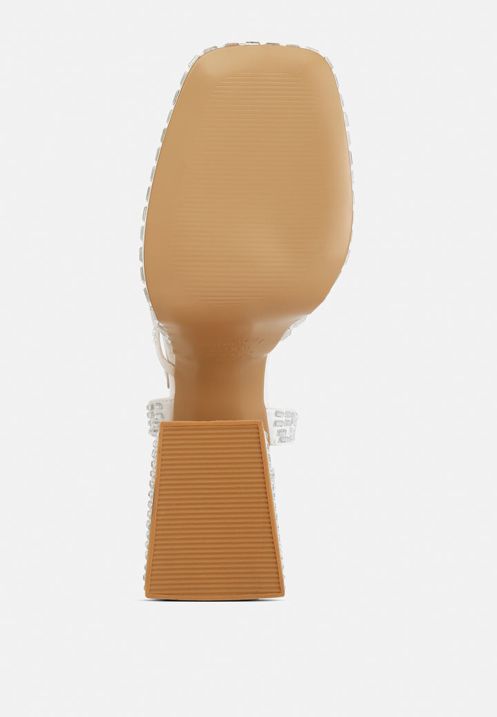 mirror embellished flare block heel sandals#color_white