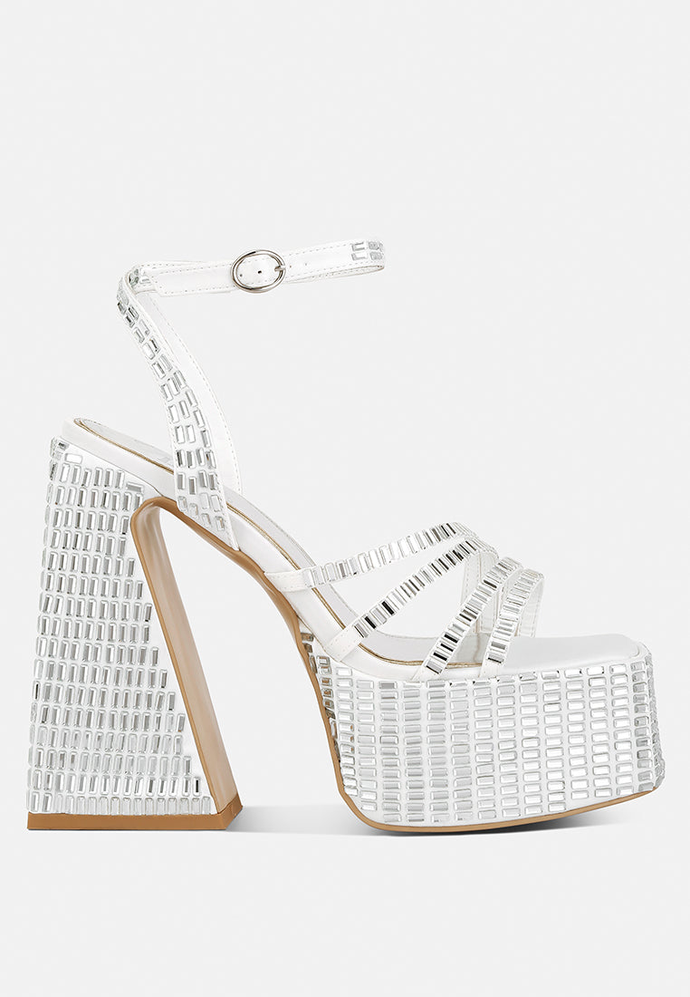 mirror embellished flare block heel sandals#color_white