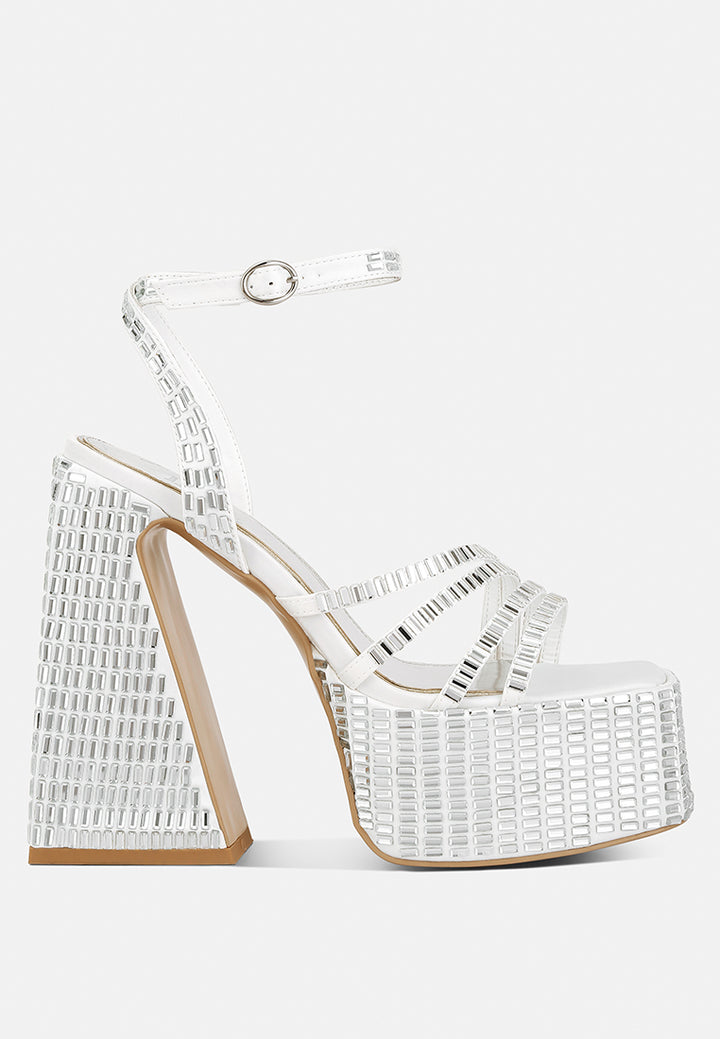 mirror embellished flare block heel sandals#color_white
