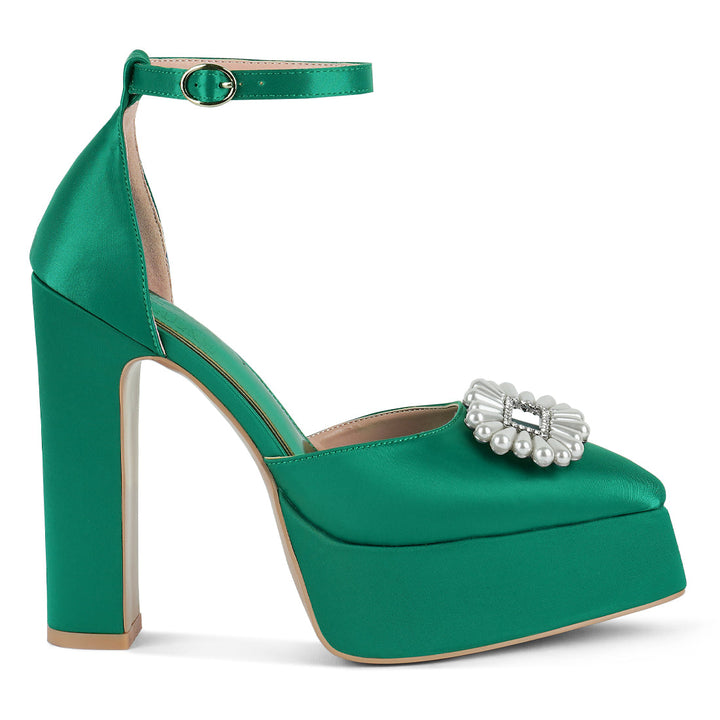 pearls brooch detail platform block heel sandals#color_green