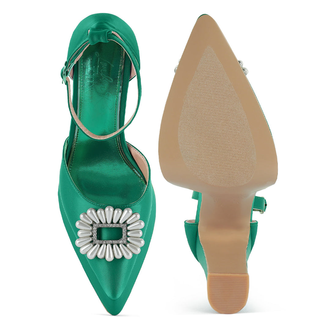 pearls brooch detail platform block heel sandals#color_green