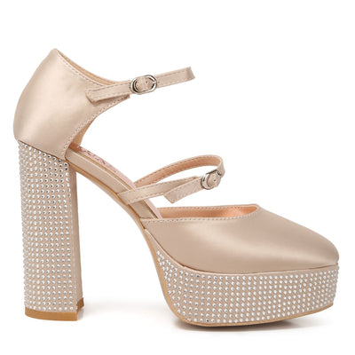 rhinestones embellished platform mary jane sandals#color_beige